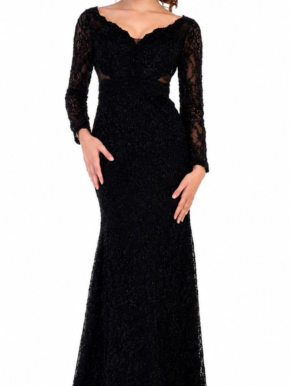 LACE PLUNGING V-NECK EVENING DRESS